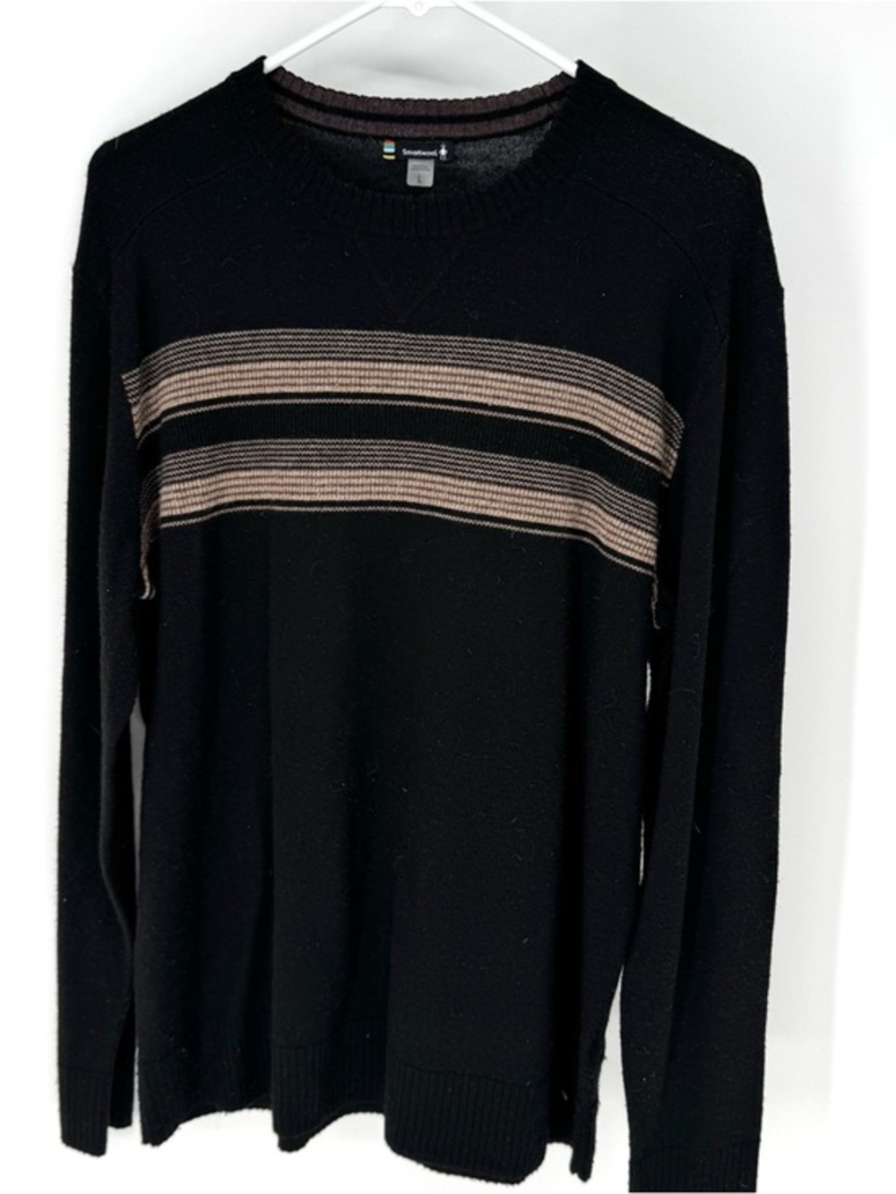 Smartwool  cottagecore wool blend Black Crewneck Sweater with Tan Stripes large
